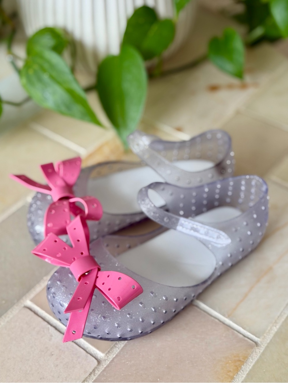 Mini Melissa Silver Glitter Mary Janes Pink Bow 5